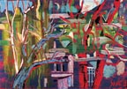 Image of an intricate, vibrant, almost abstract painting of trees by Saule Suleimenova.