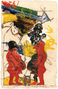 A drawing, slightly abstract, of two naked figures facing one another.